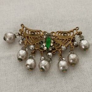 ❤️MIRIAM HASKELL Signed Pearl Emerald and Rhinestone Brooch Pin